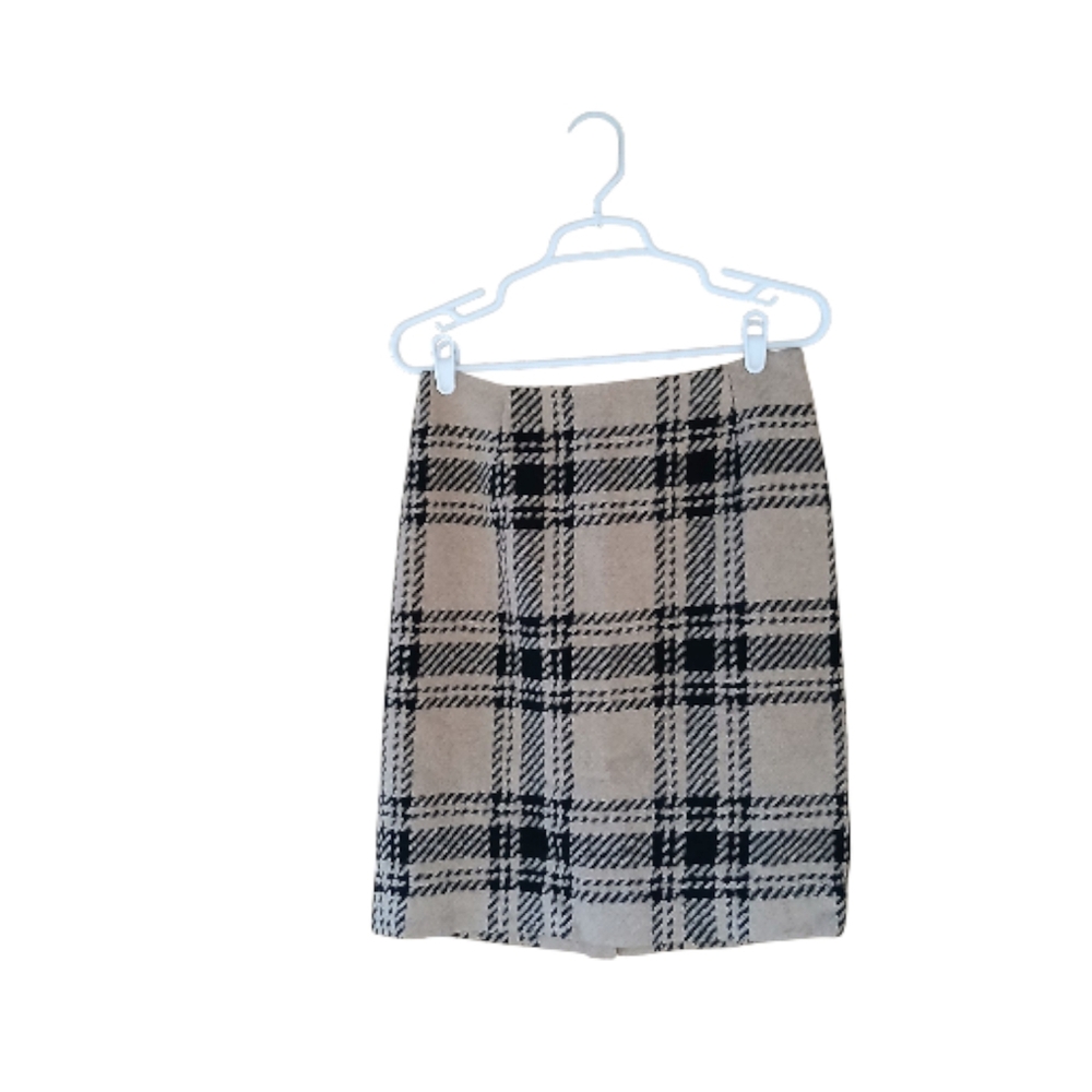 LOFT Tan & Black Plaid Wool Blend Knee Length Pencil Skirt Size 8P